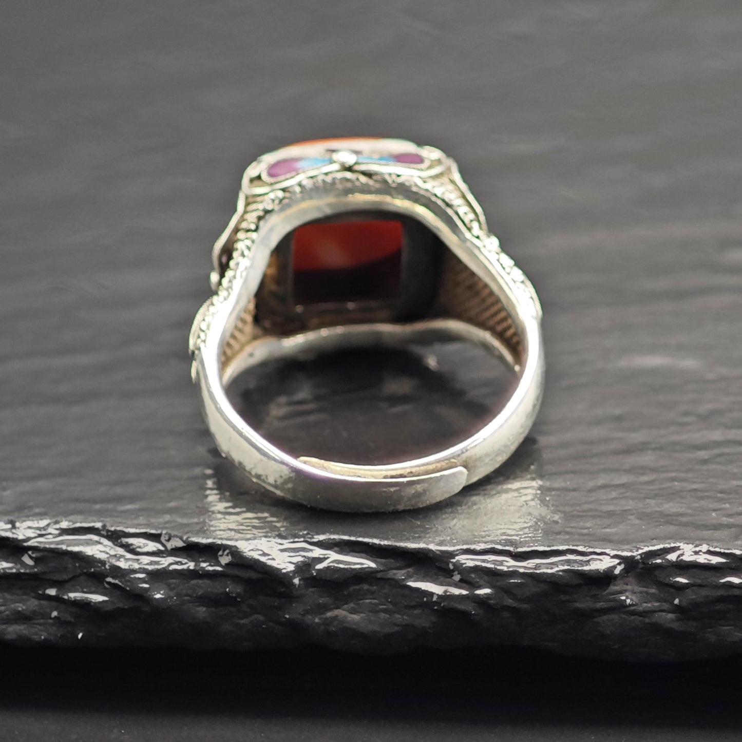 Chinese Export Enamel & Coral Sterling Silver Ring Sz 8 R6721