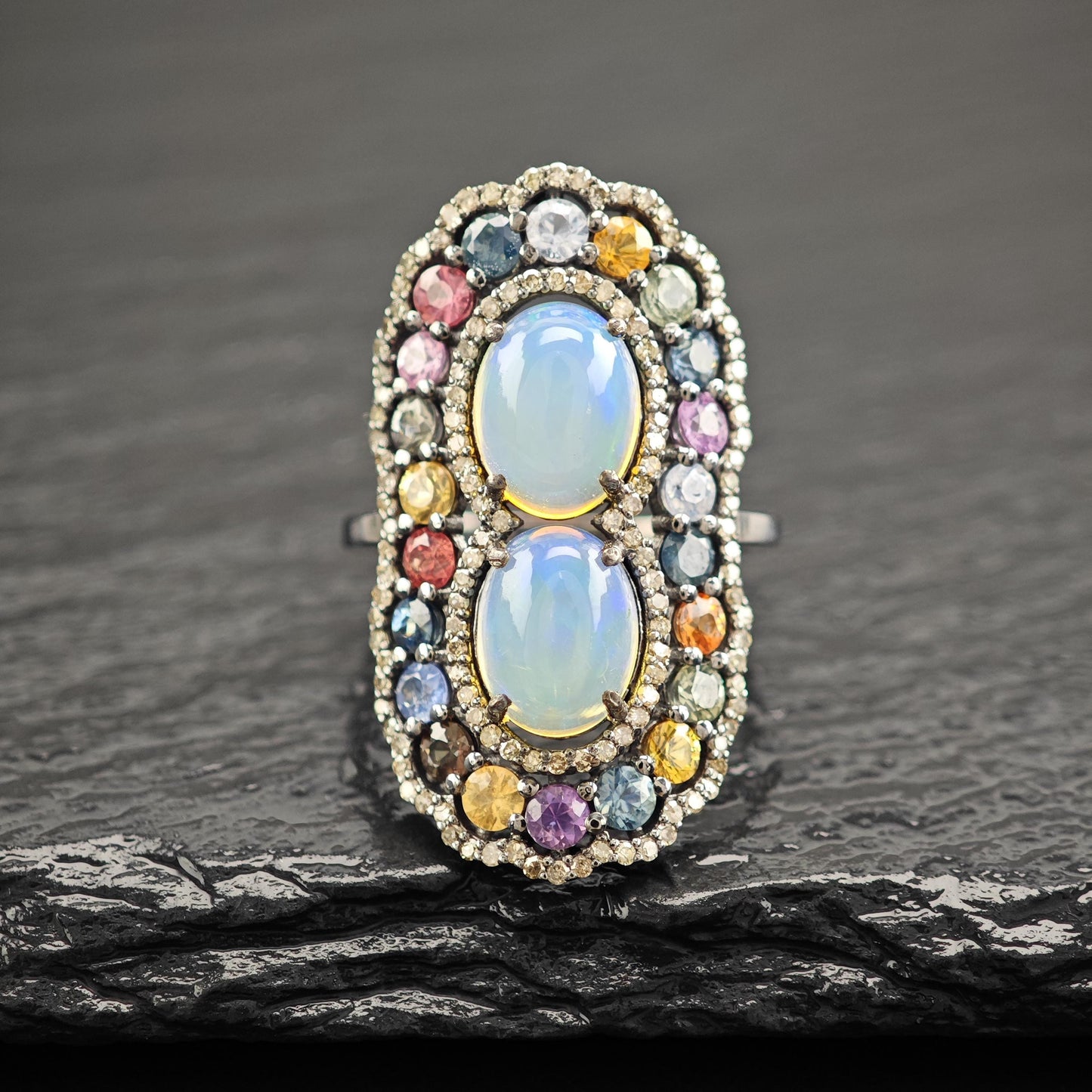 Opal Diamond Ring with Sapphire Accents in Oxidized Sterling Silver R5804