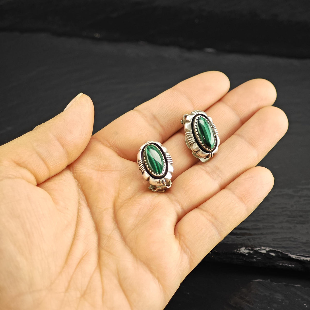Vintage Native American Malachite Sterling Silver Clip On Earrings ER3216