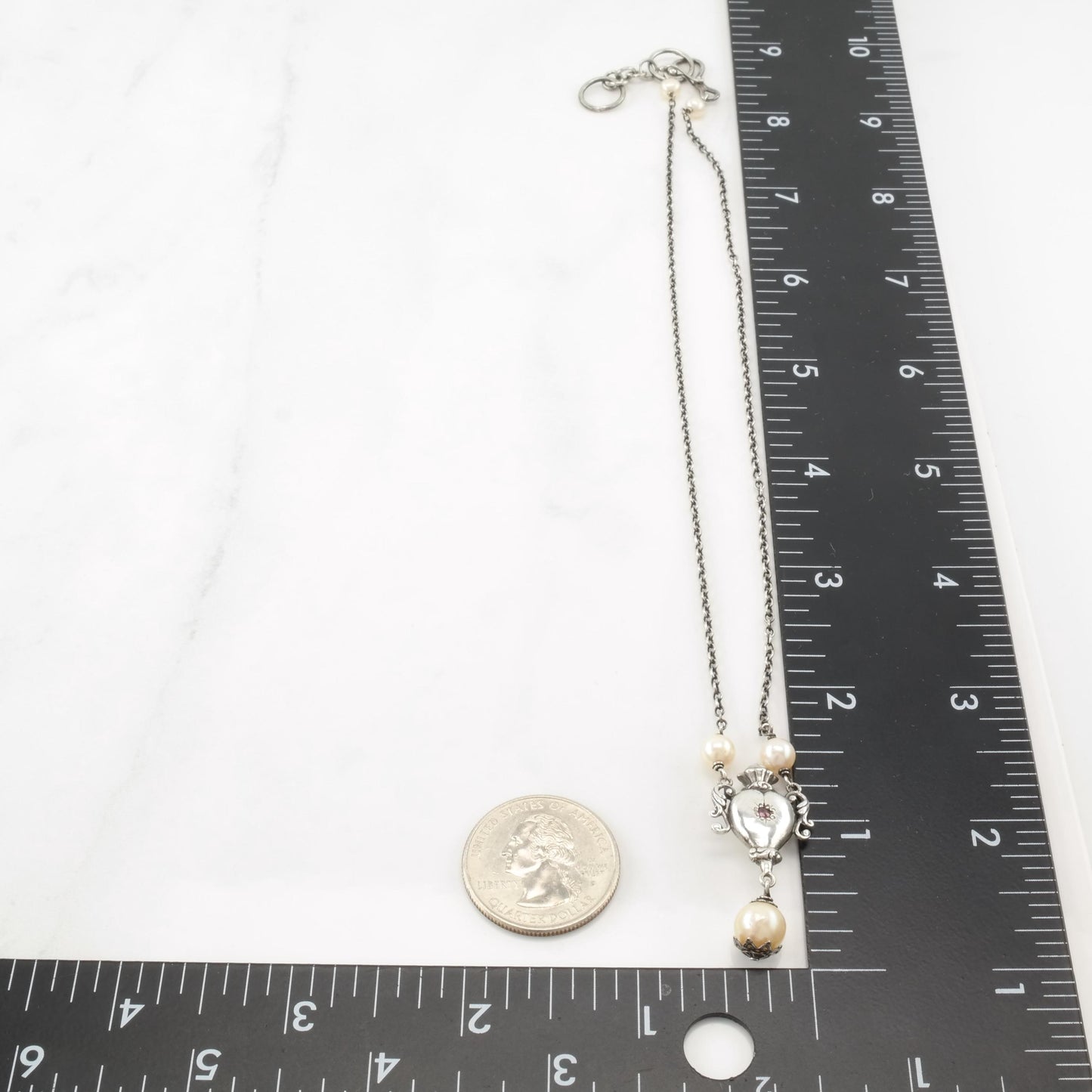 Vintage Art Novaue Natural Pearl, Rose Cut Ruby Urn Sterling Silver Necklace N2377