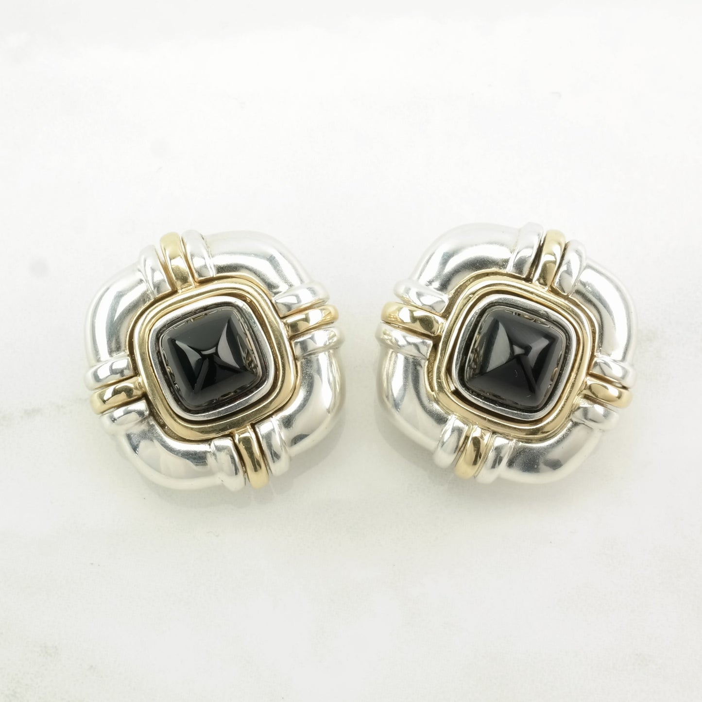 Designer Sterling Silver Black Onyx, 18K Gold Earrings Clip On