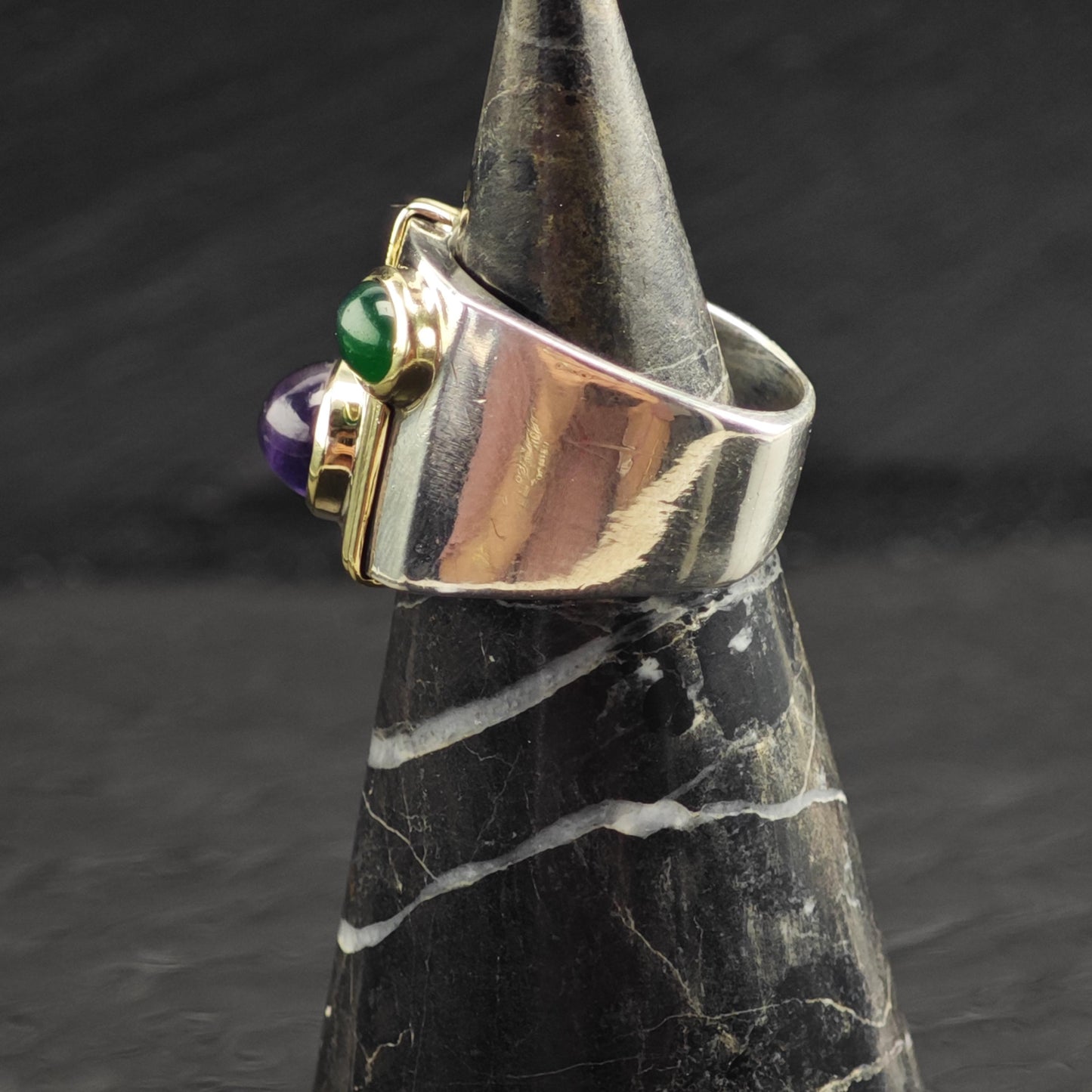 Amethyst Chrysoprase Cabochon 14k Gold Accents Sterling Silver Ring Sz 8 1/4 R6726