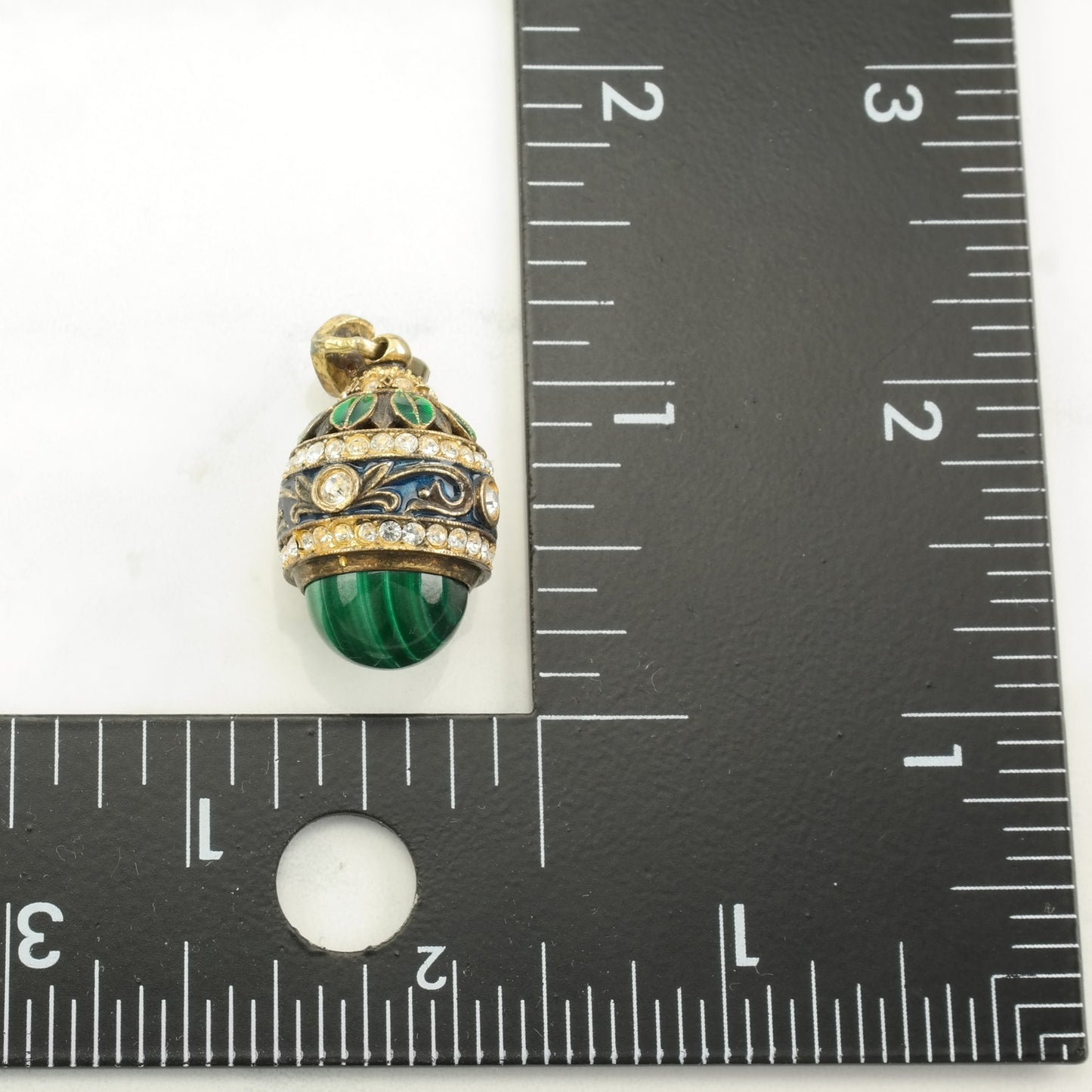 Vintage Rhinestone, Malachite Enamel, Egg Sterling Silver Pendant