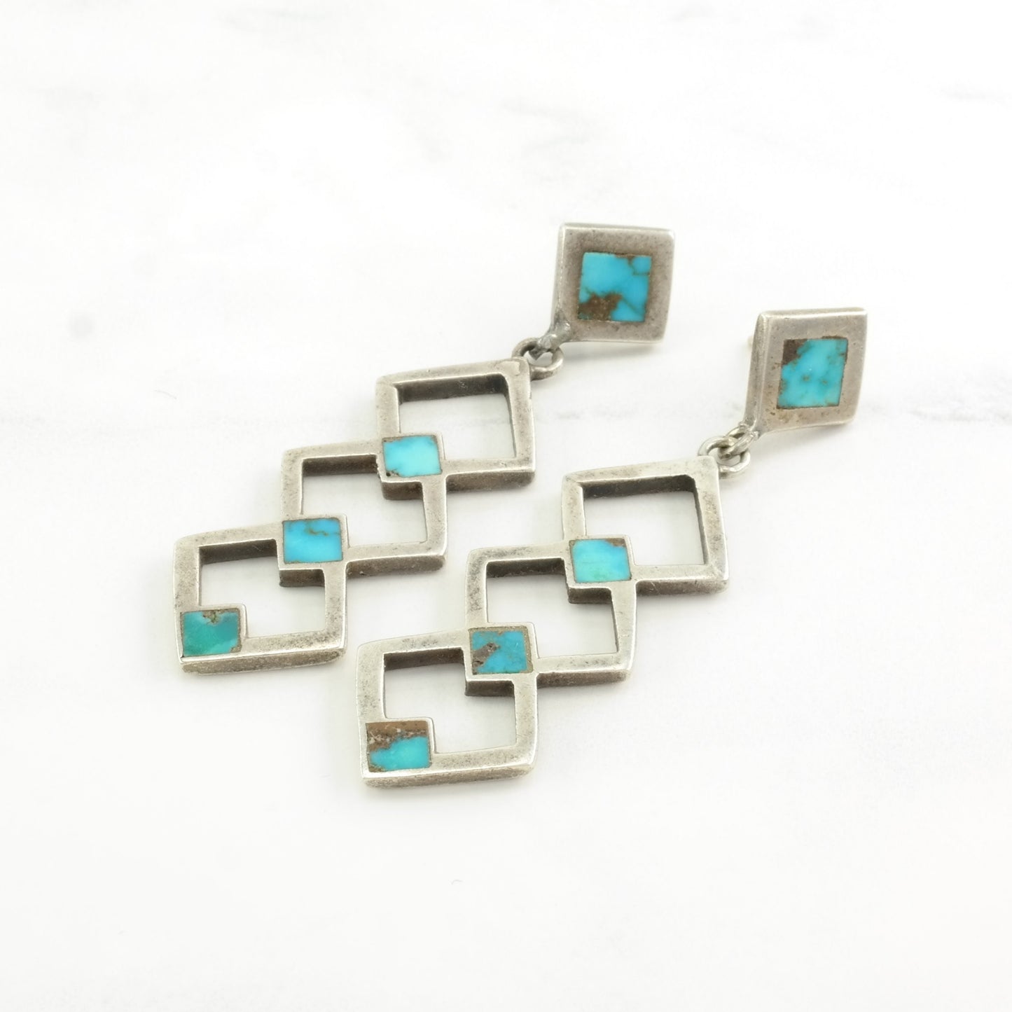 Historic Zuni Bisbee Turquoise Inlay Sterling Silver Stud Dangle Earrings