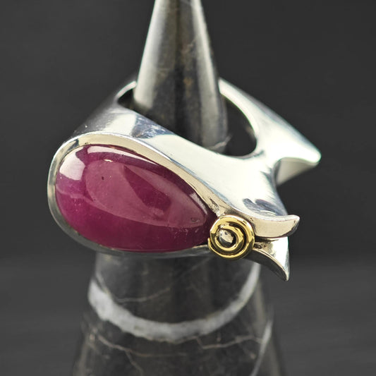 Wave Style Pink Ruby Cabochon Ring Sterling Silver Size 7 1/2