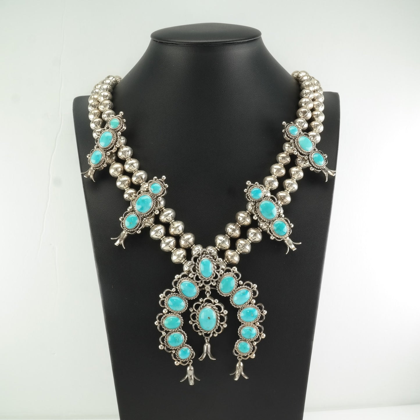 Vintage Southwest Sterling Silver Blue Turquoise Floral Squash Blossom Necklace Earrings Set