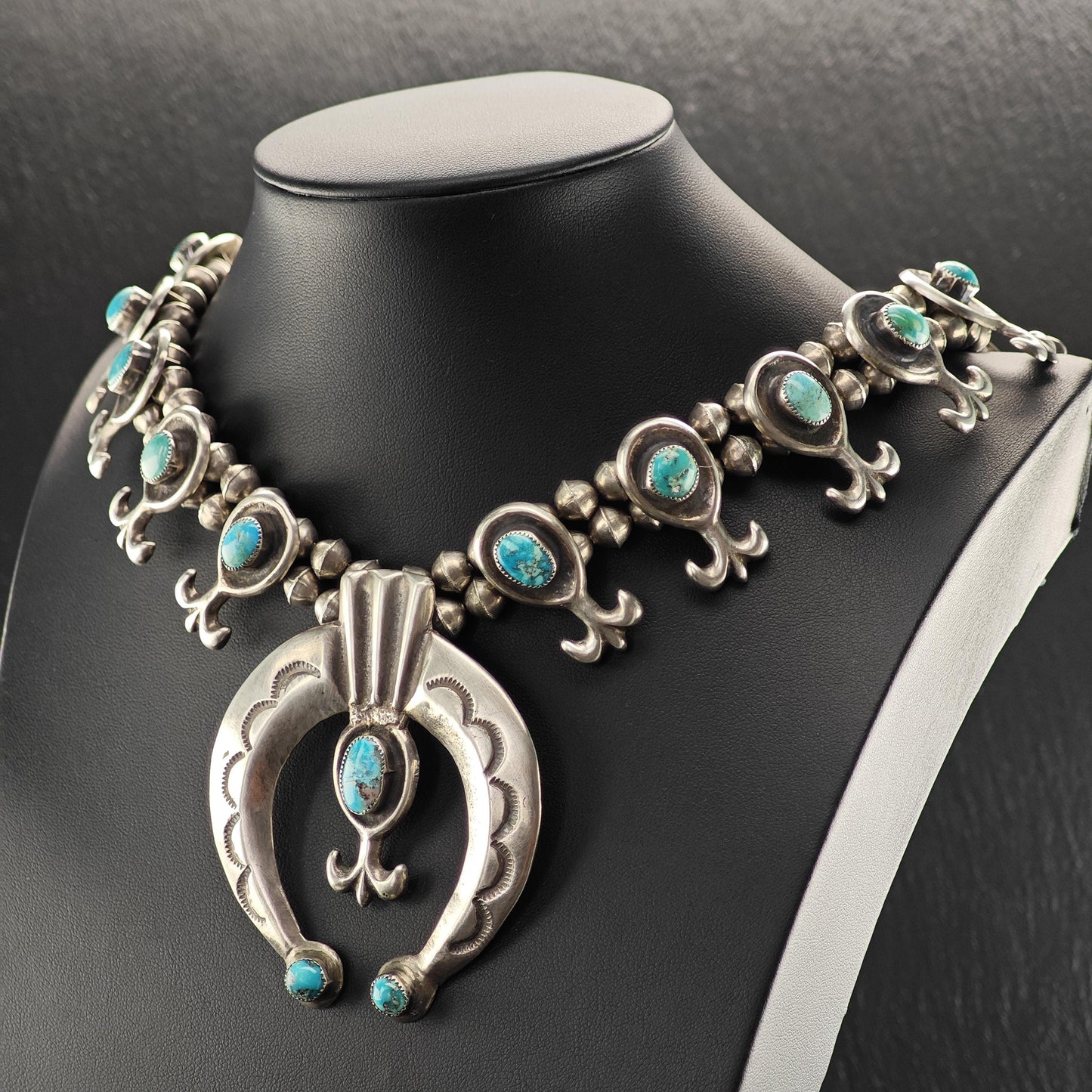 Native American Turquoise Sandcast Squash Blossom Necklace Sterling Silver