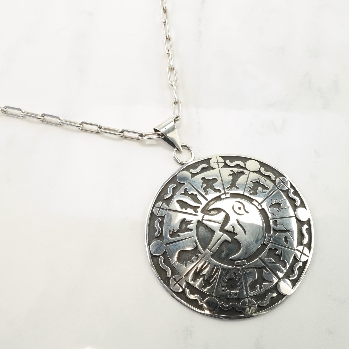 Taxco Zodiac Pendant Necklace, Sterling Silver, Large Round Pendant, Paperclip Chain, 1980s