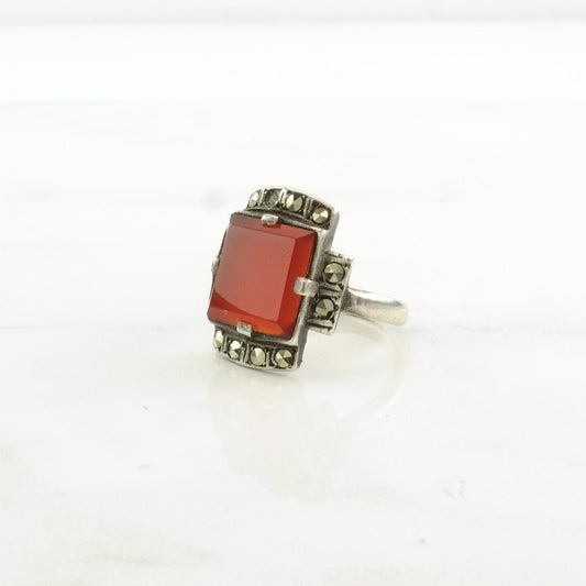 Art Deco Silver Ring Carnelian Marcasite Sterling Red Size 7 3/4