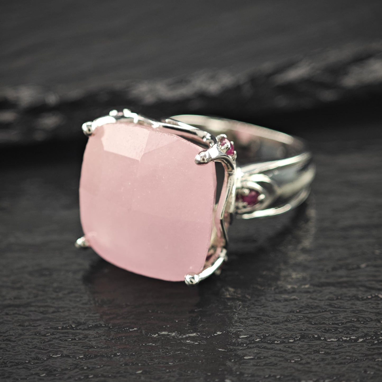 Large Faceted Pink Gemstone, Ruby Accents Ring Sterling Silver Size 8