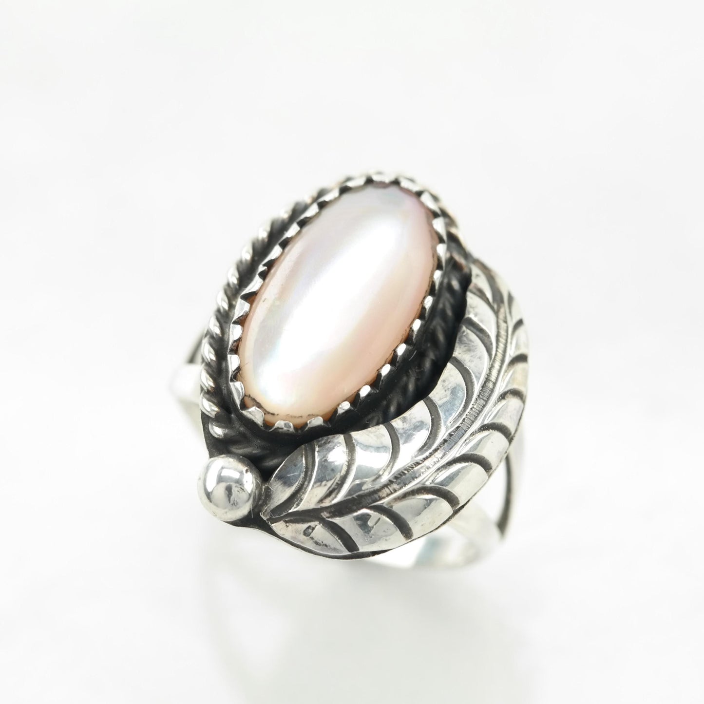 Native American Silver Ring MOP Feather Sterling Pink Size 5 3/4