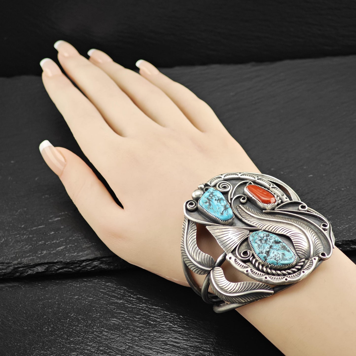 Large Turquoise Coral Cuff Bracelet Native American Sterling Silver