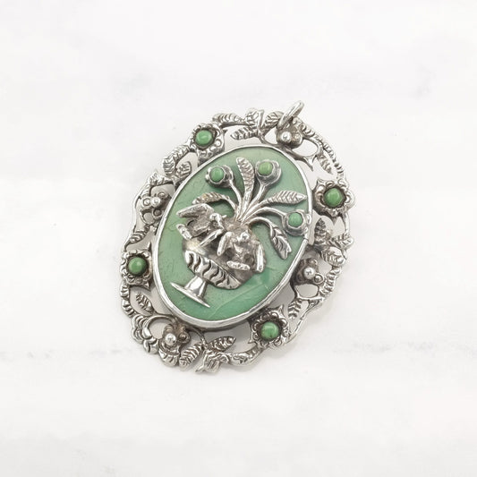 Vintage Pre Eagle Taxco Faux Turquoise Floral, Bird, Fountain Sterling Silver Pendant Brooch