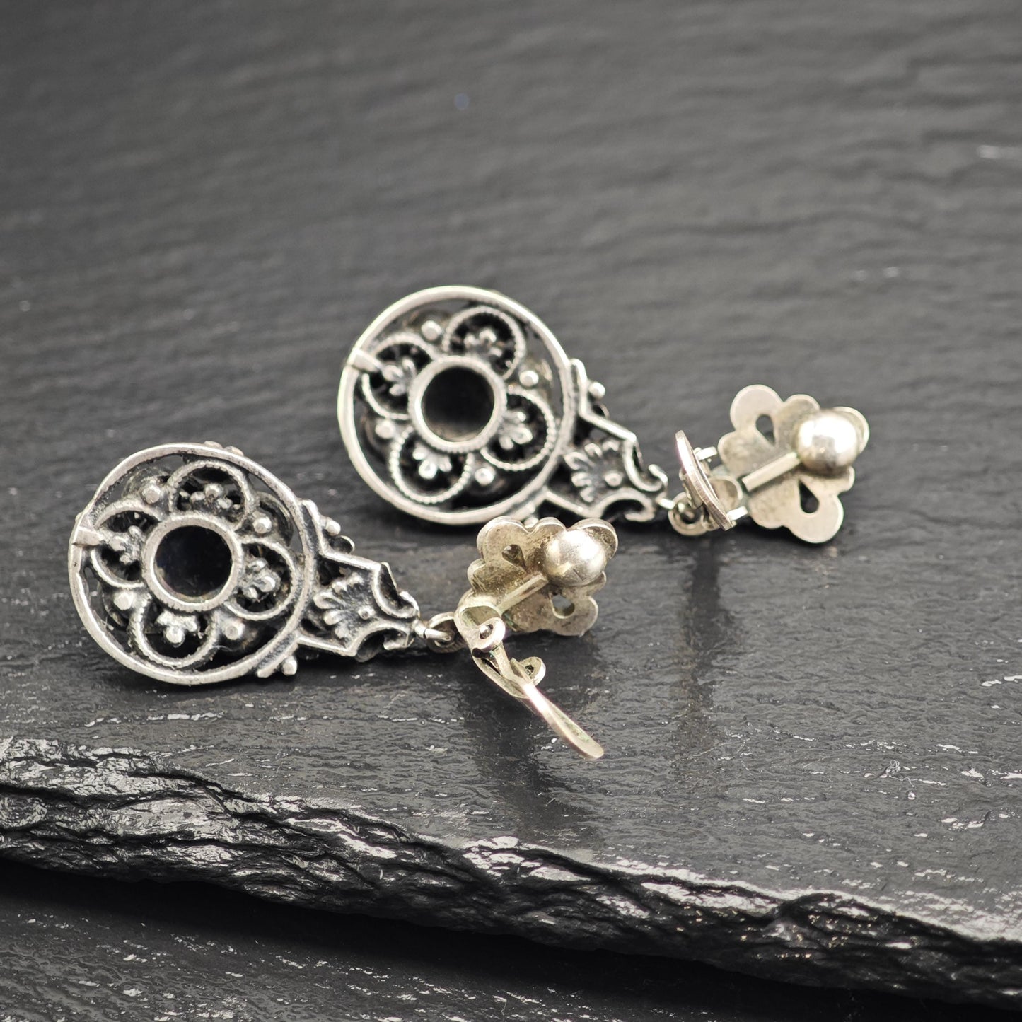 European Art Nouveau Cabochon Amethyst, Pearl Clip On Sterling Silver Earrings ER3197