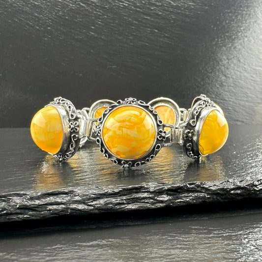 Vintage Baltic Amber Sterling Silver Dome Link Bracelet
