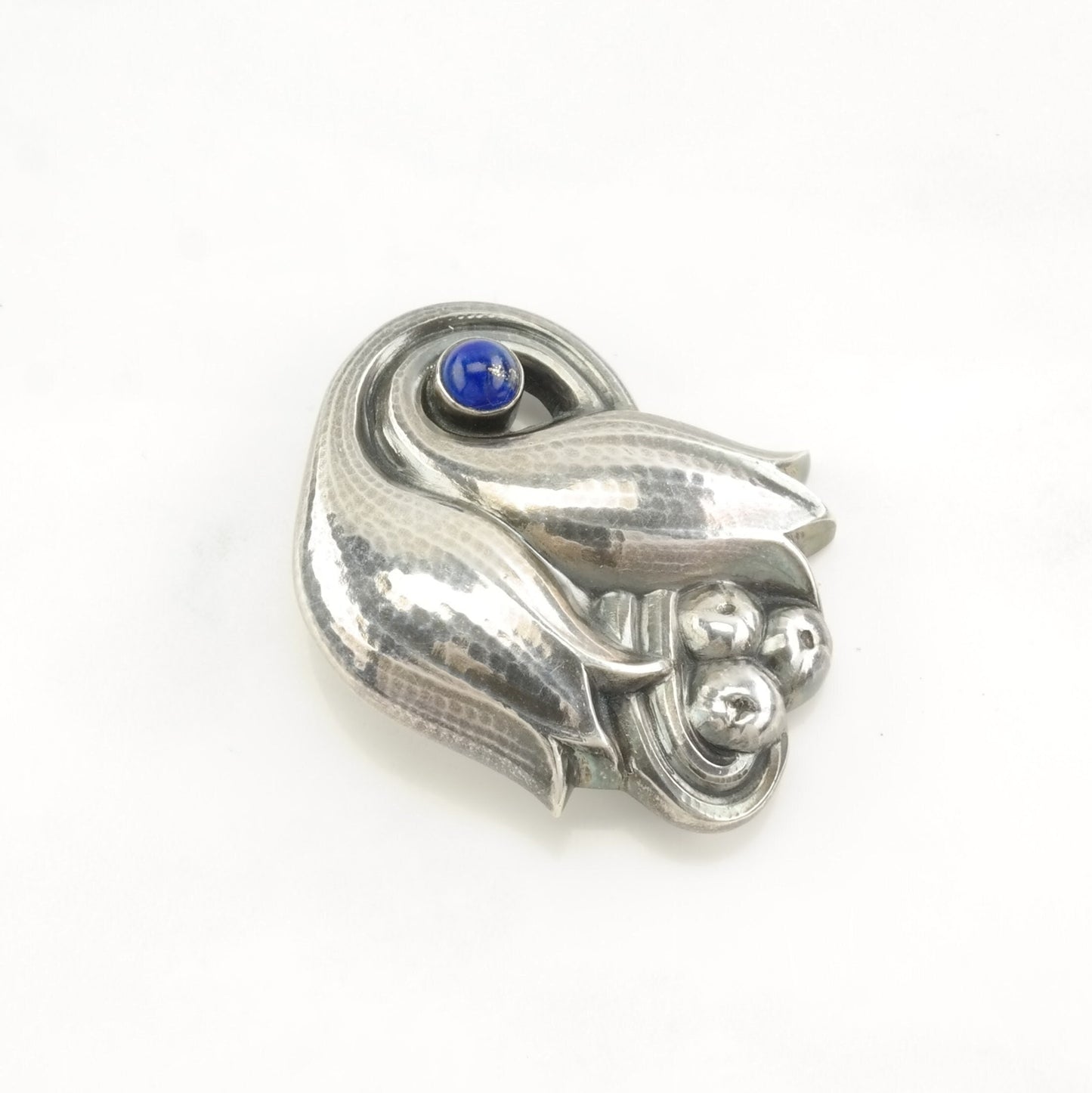 Vintage Georg Jensen Sterling Silver Brooch Floral, 100C Blue Lapis Lazuli