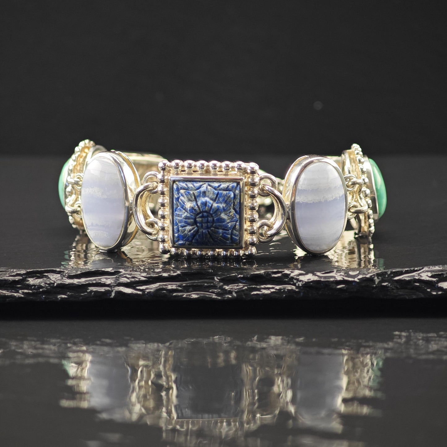 Whitney Kelly Carved Lapis Bracelet, Sterling Silver (Adjustable Size 7" and 7 1/2")