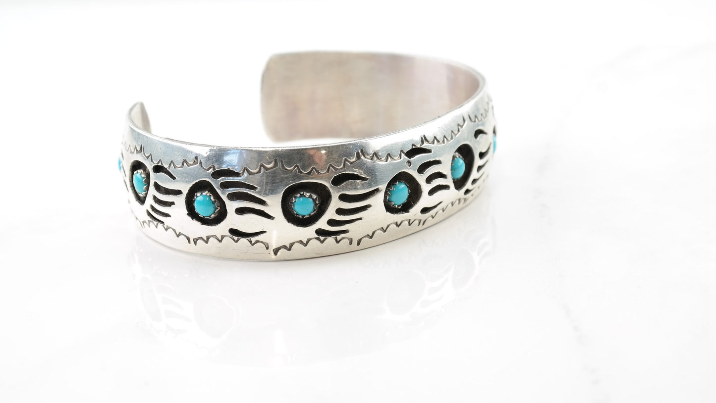 Native American Sterling Silver Cuff Bracelet Blue Turquoise Shadowbox, Bear Claw, Paw