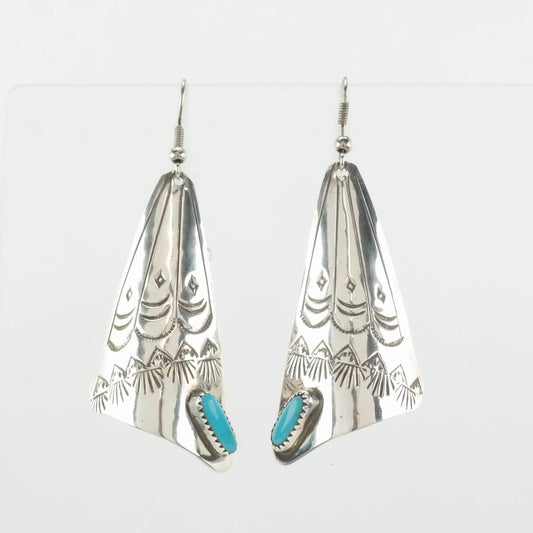 Native American Sterling Silver Blue Turquoise Stampwork Earrings Fish Hook, Dangle