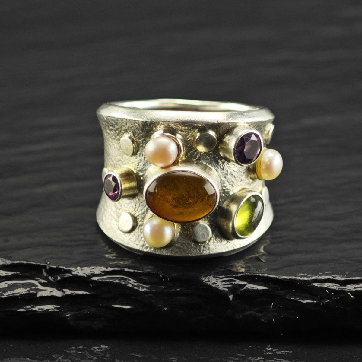 Multistone Abstract Band Sterling Silver Ring Sz 8 R6879