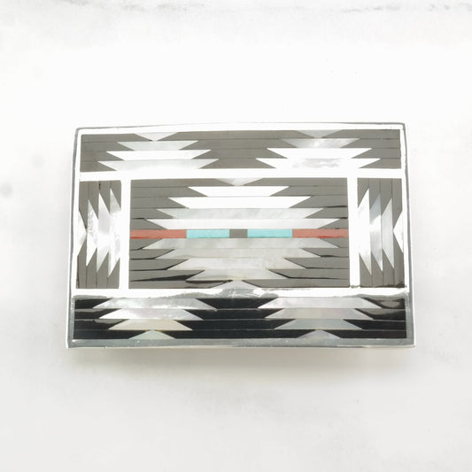 Zuni, Native American Onyx, MOP, Turquoise, Inlay, Geometric Vintage Belt Buckle