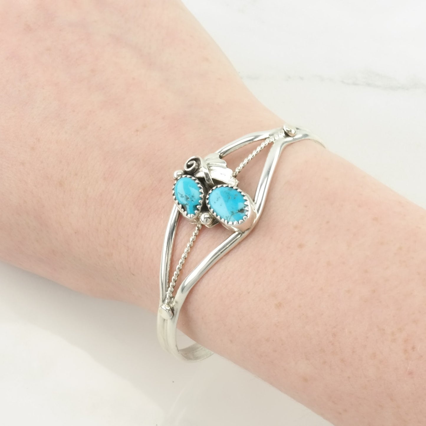 Native American Sterling Silver Cuff Bracelet Blue Turquoise Two Stone, Leaf