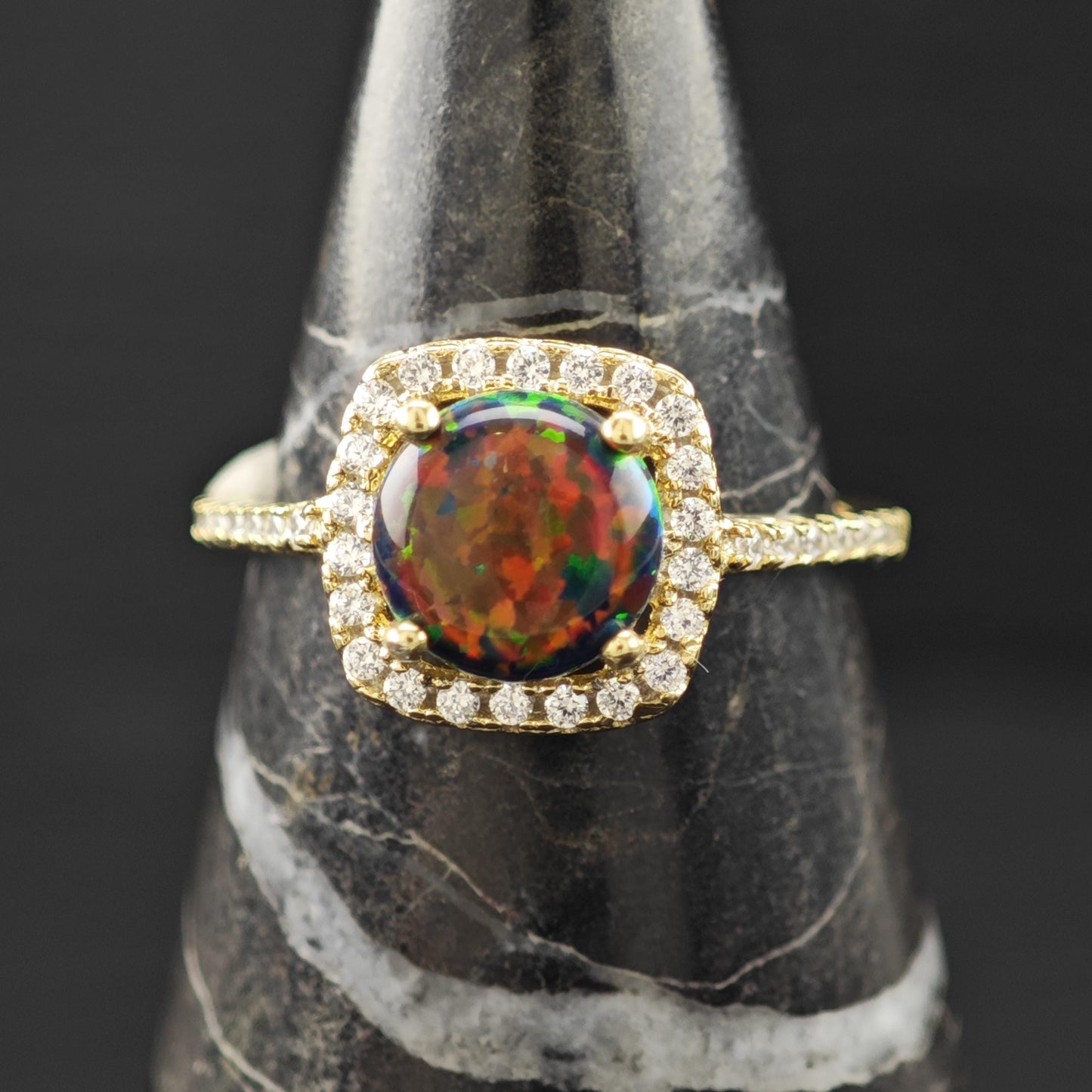 Lab Black Opal Halo 14K Gold Plated Ring Sterling Silver Sz 7 1/2 R6178