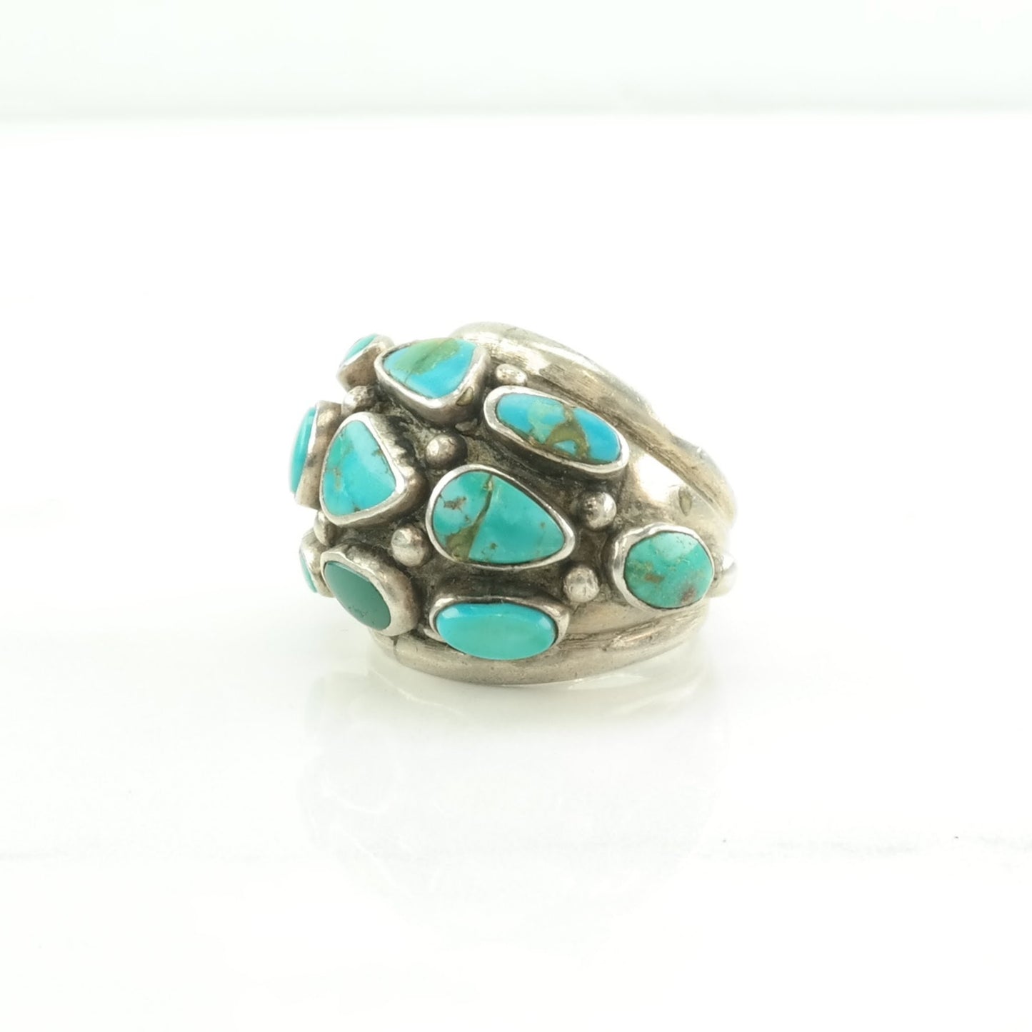 Native American Silver Ring Turquoise Cluster, Dome Sterling Blue Size 7 1/4