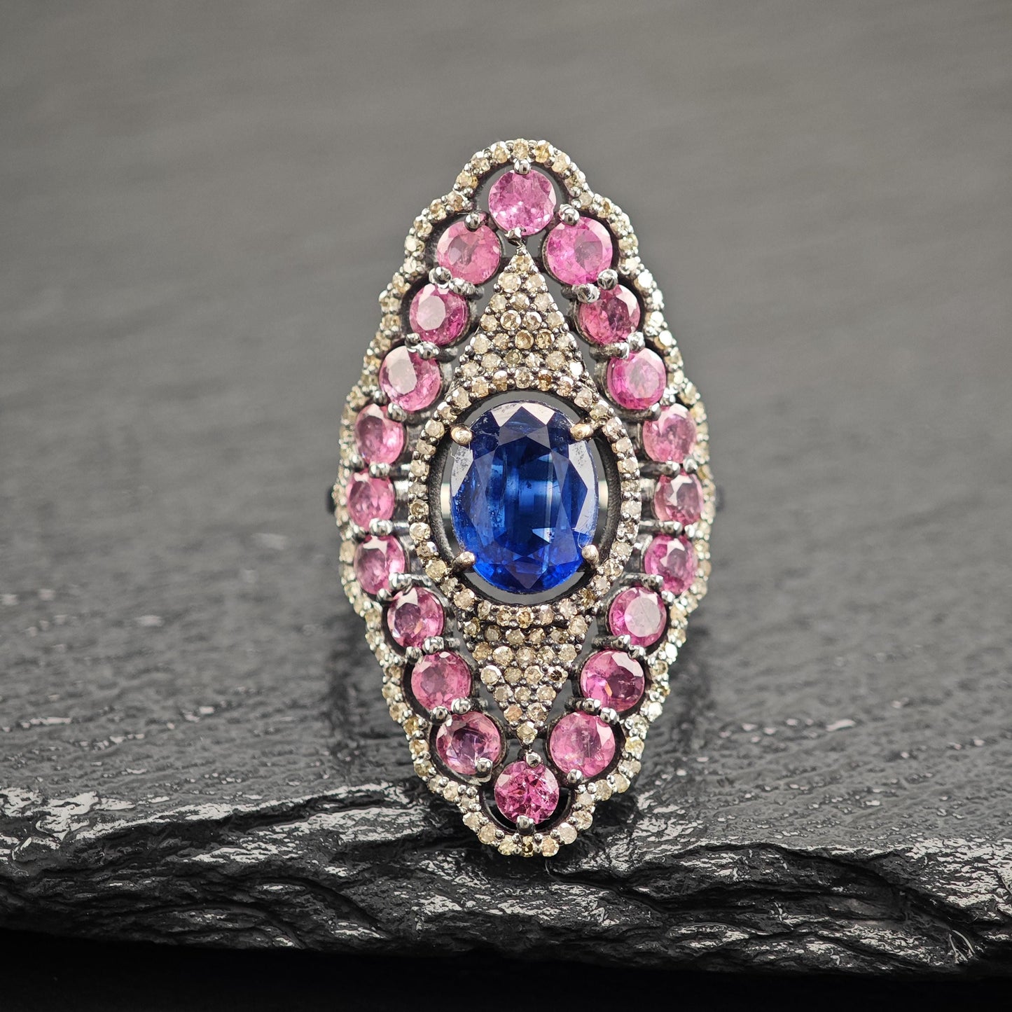 Oxidized Diamond, Sapphire, Tourmaline Ring Sterling Silver R5800