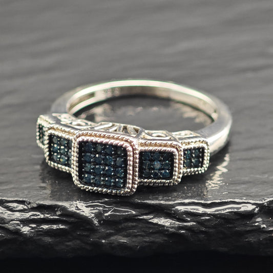 Blue Diamond Square Design Sterling Silver Sz Ring 9 R6604