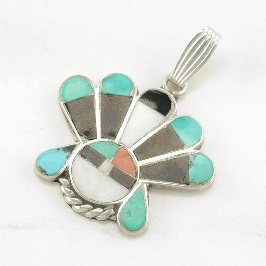 Native American Multi Gemstone Inlay, Sunface Sterling Silver Pendant