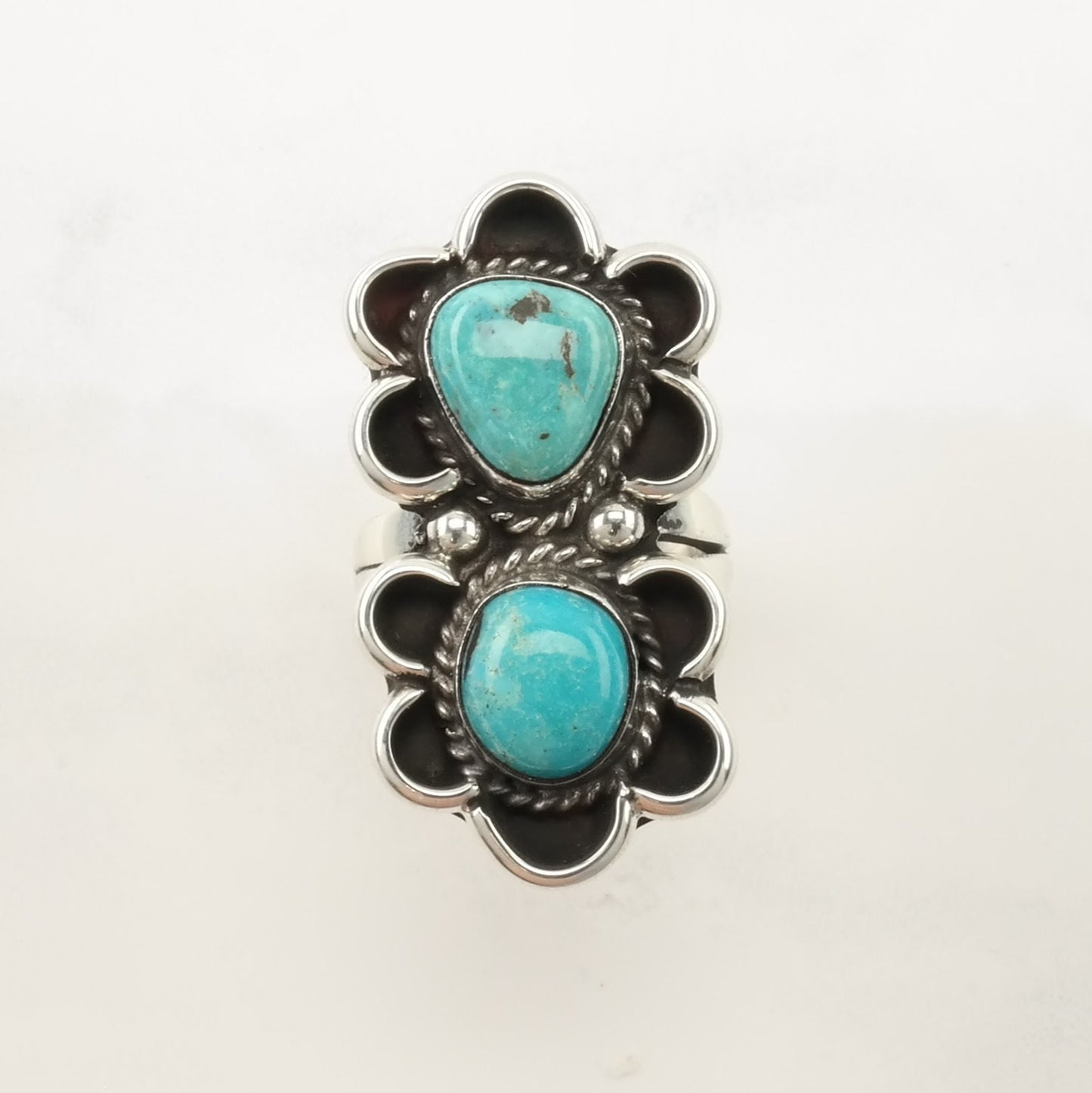 Native American Silver Ring Double, Turquoise Floral Sterling Blue Size 6 1/2