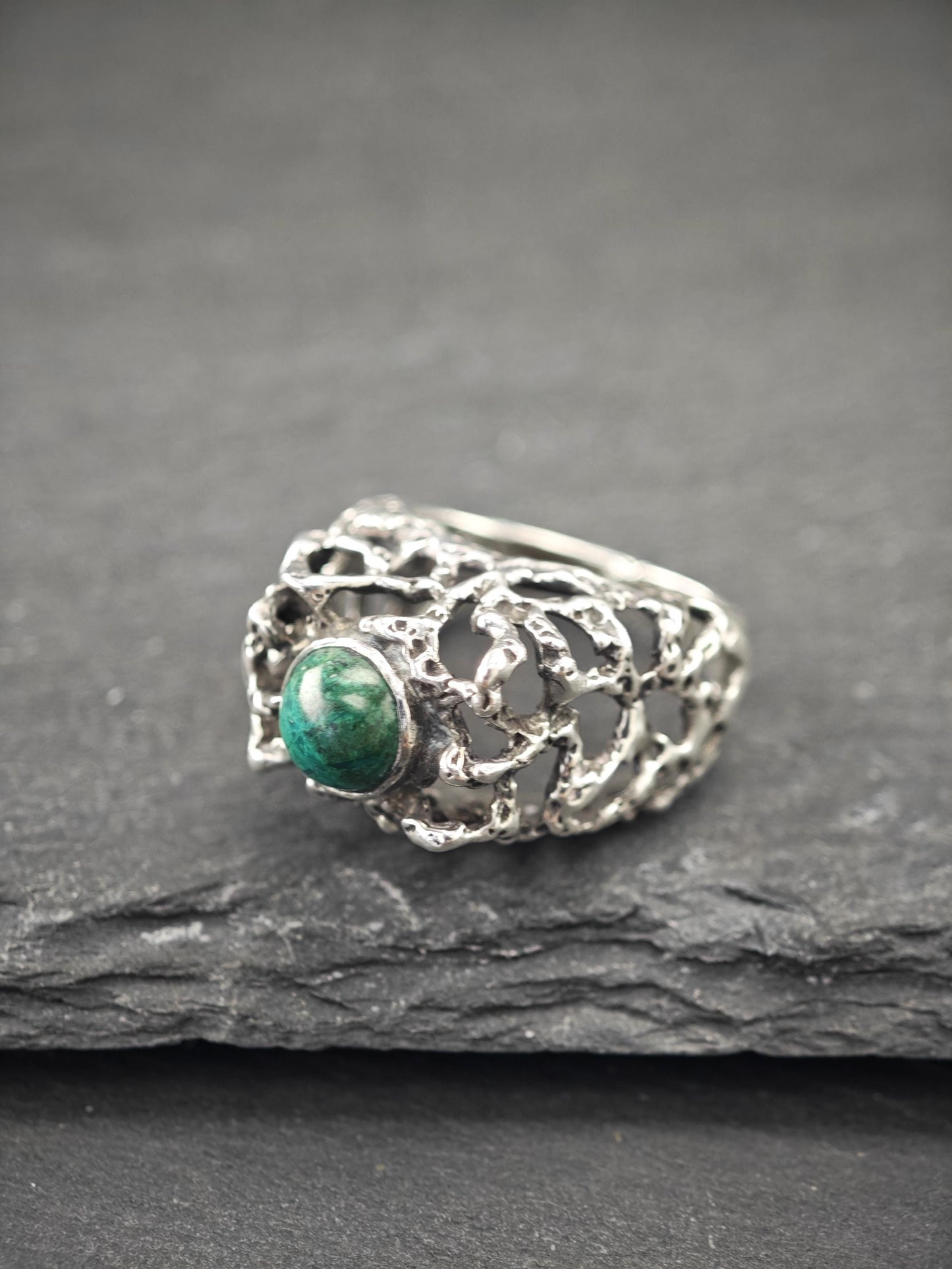 Vintage Brutalist Chrysocola Ring Sterling Silver