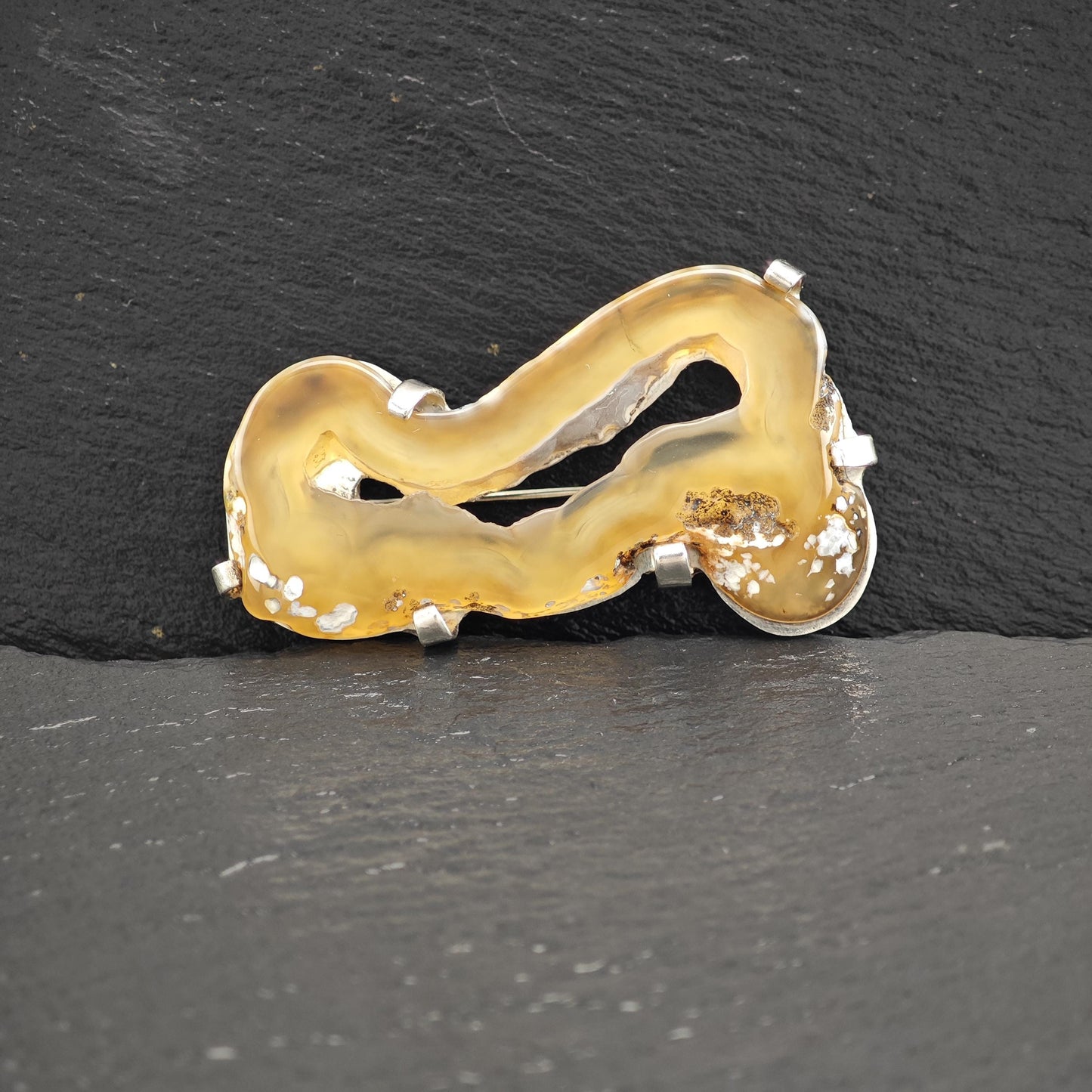 Vintage Tan Clear, Abstract Agate Brooch Sterling Silver