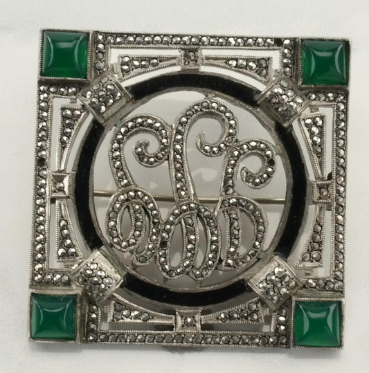 Art Deco Sterling Silver Brooch Marcasite Green Black Chrysoprase