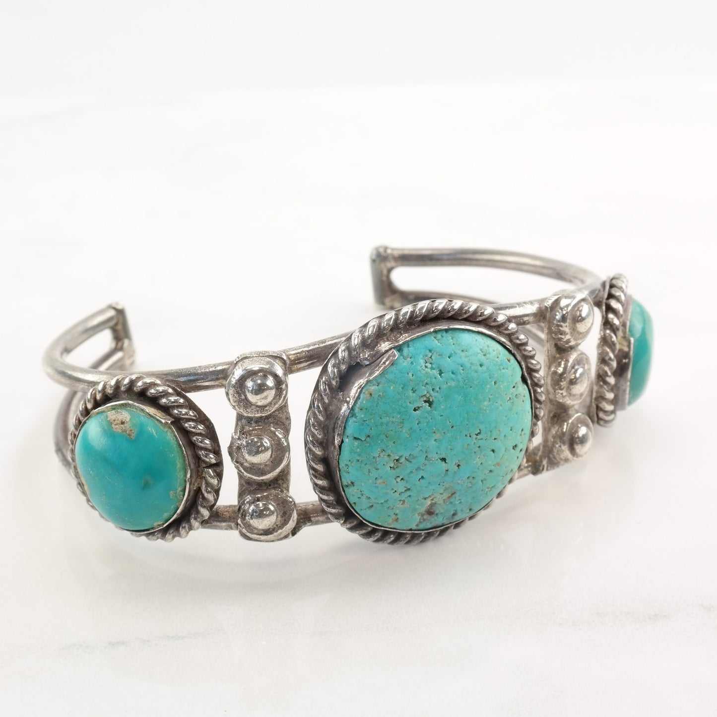1950 Native American Sterling Silver Cuff Bracelet Turquoise Three Stone