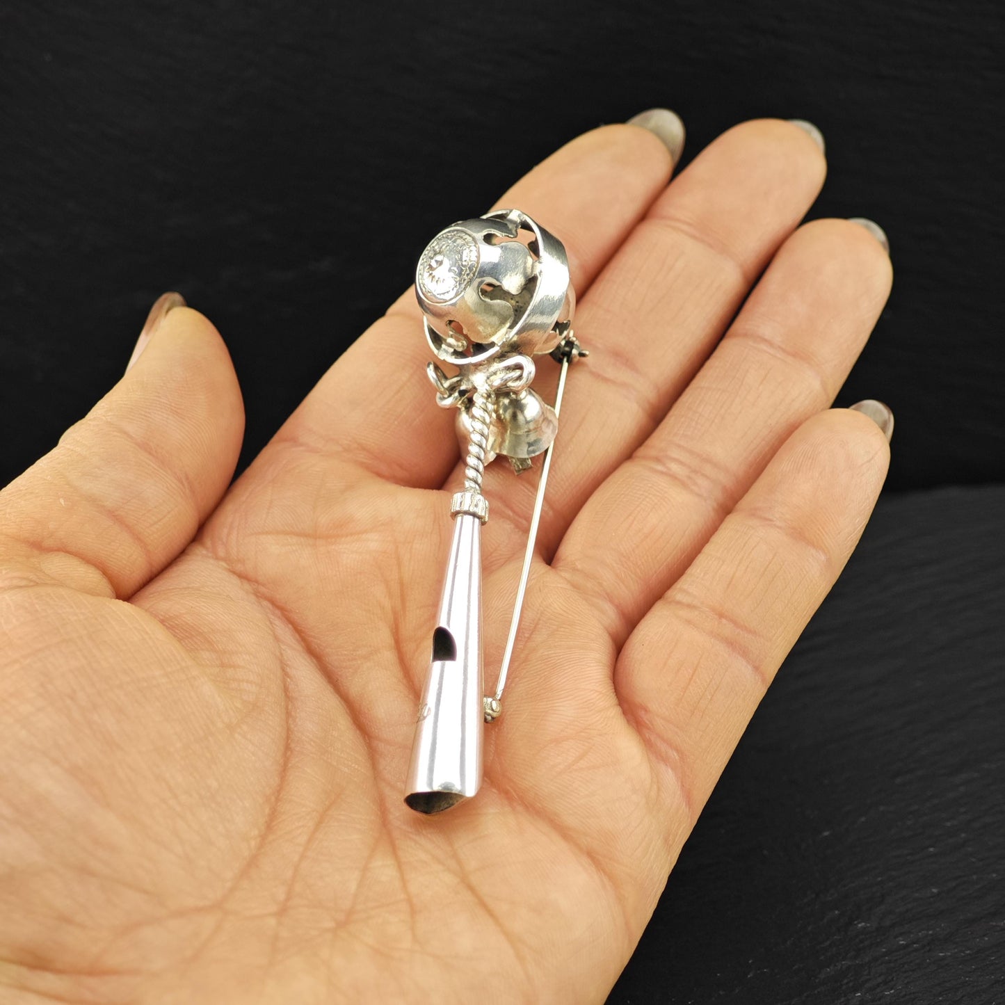 Vintage Old Sterling Silver Brooch Bells, Whistle