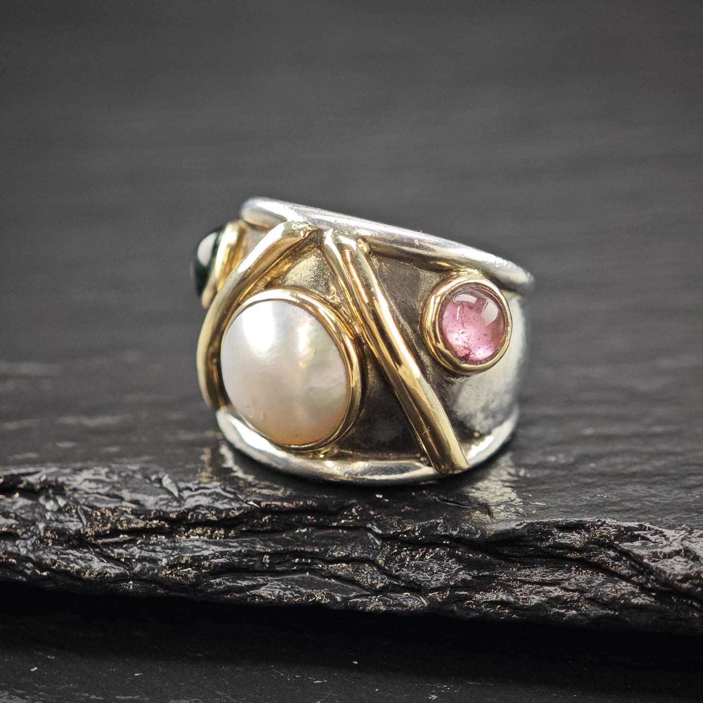 Pearl, Tourmaline Gold Accent Ring Sterling Silver Sz 6