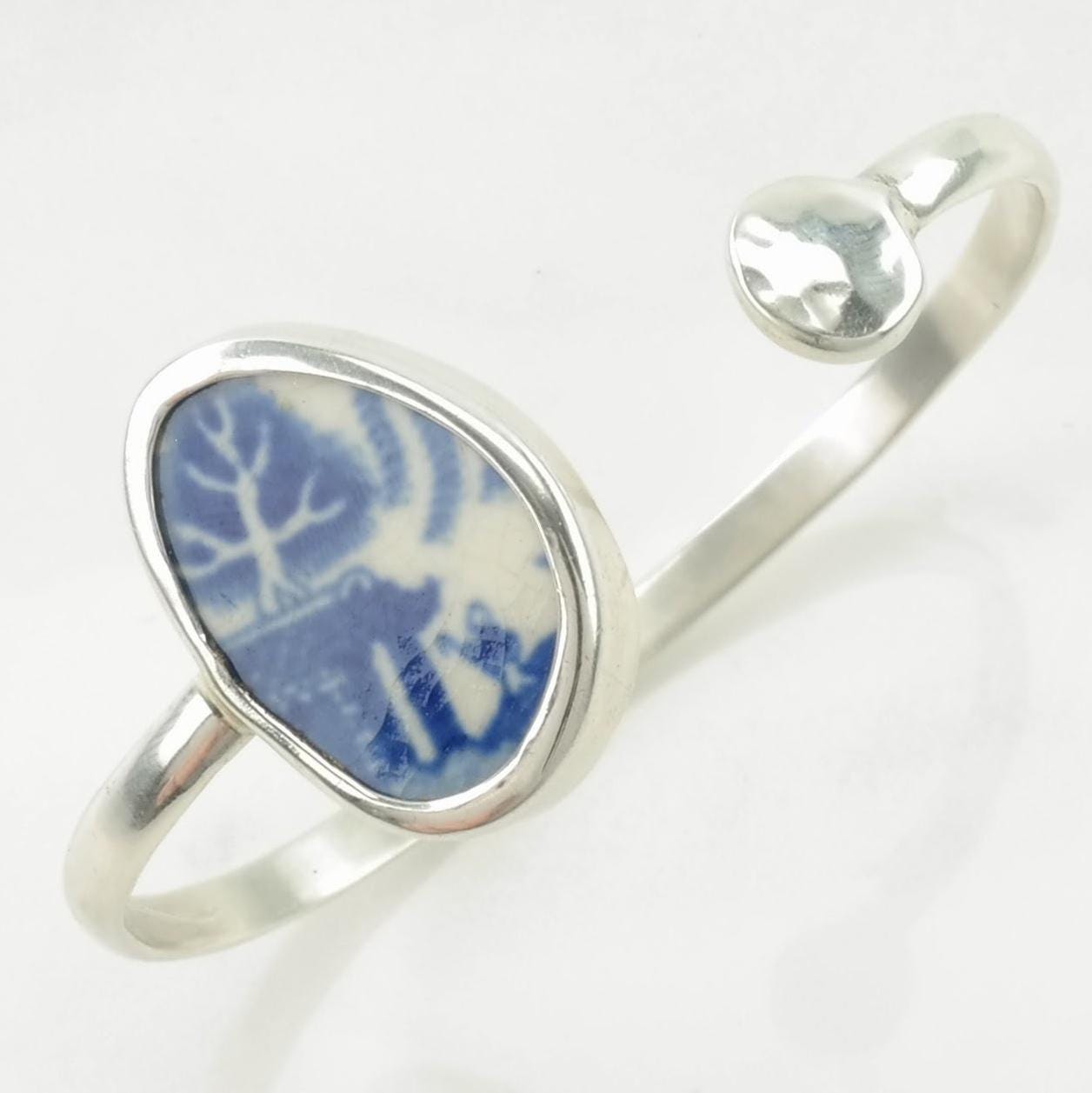 Vintage Sterling Silver Cuff Bracelet Blue, White Porcelain