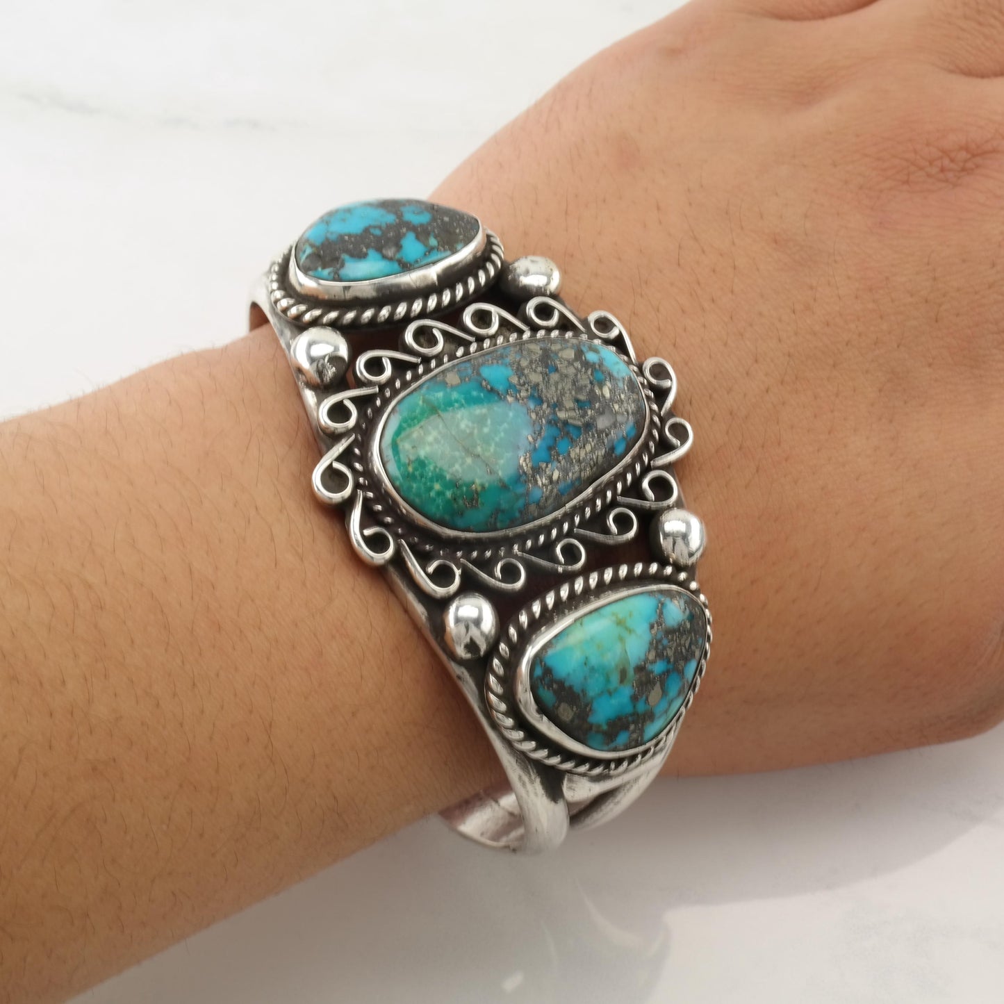 Native American Morenci Turquoise Cuff Bracelet Sterling Silver