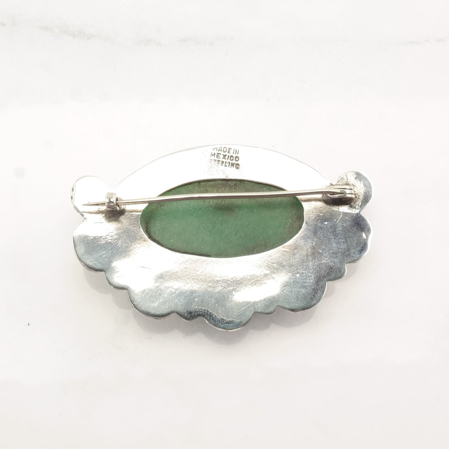 Taxco Sterling Silver Brooch Large Oval Guatemalan Jade