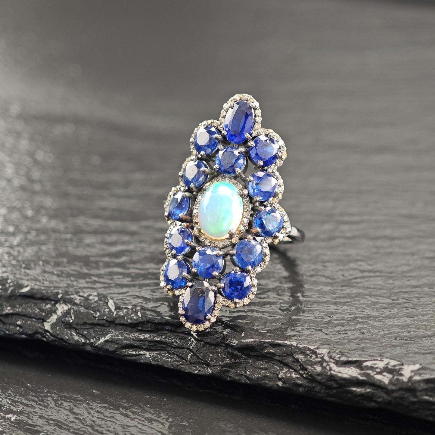 Oxidized Sterling Silver Diamond Sapphire, Opal Ring