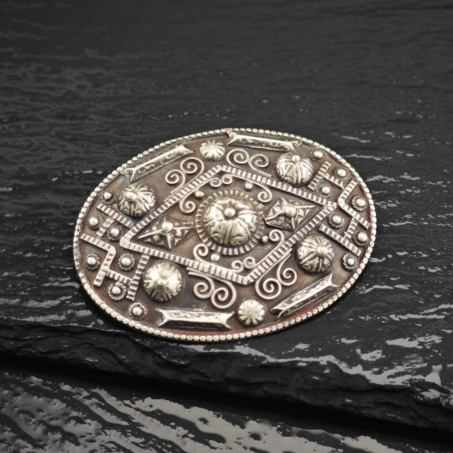 Vintage Tribal Sterling Silver Oval Brooch Unique Artisan Jewelry