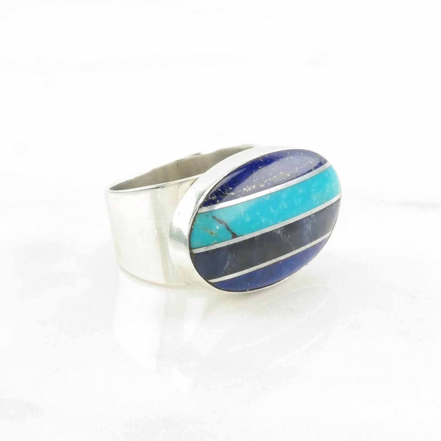 DTR Silver Ring Turquoise, Lapis Lazuli Inlay, Striped Sterling Blue Size 7 1/4