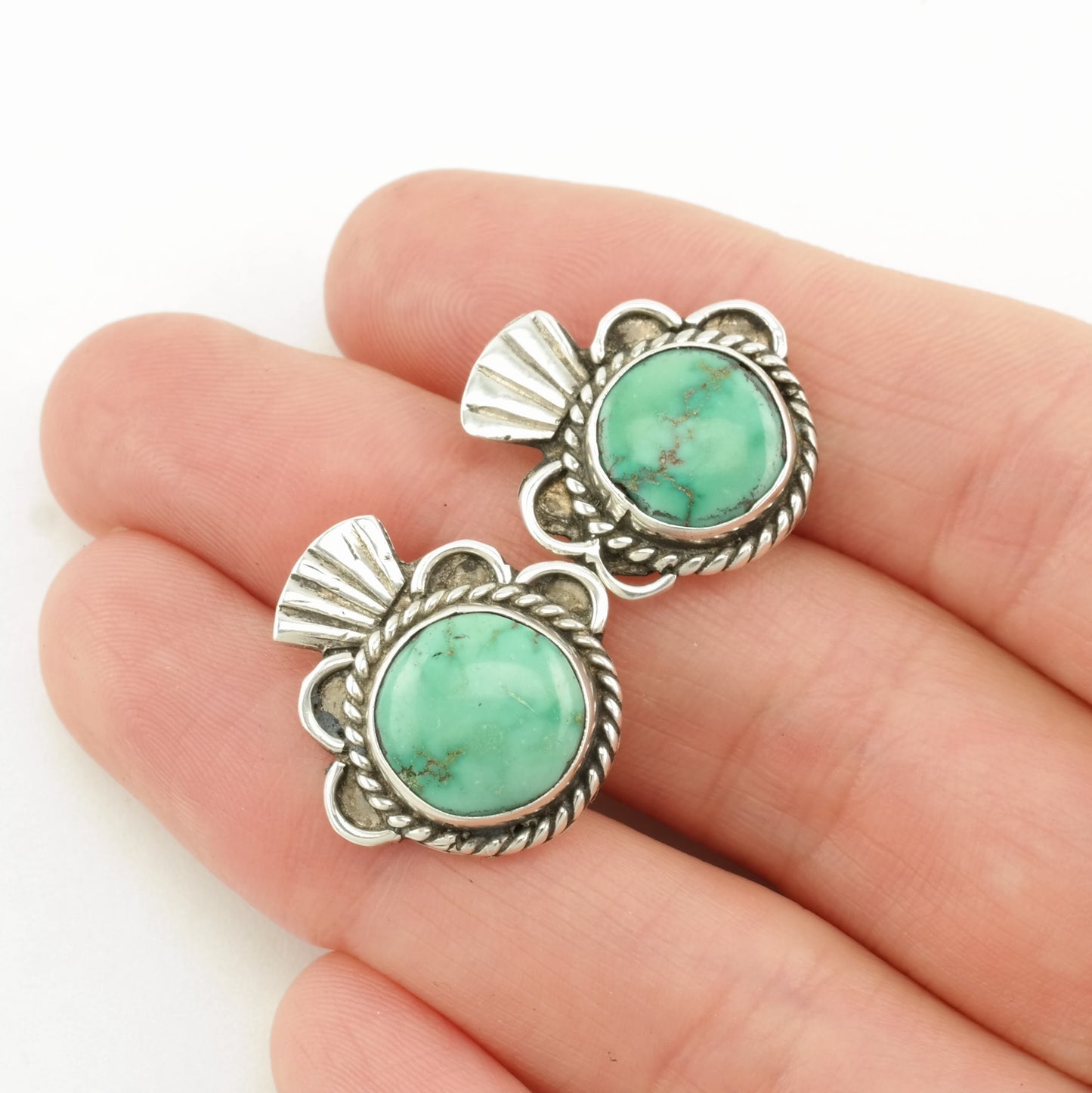 Native American Sterling Silver Turquoise Scallop Earrings Screw back