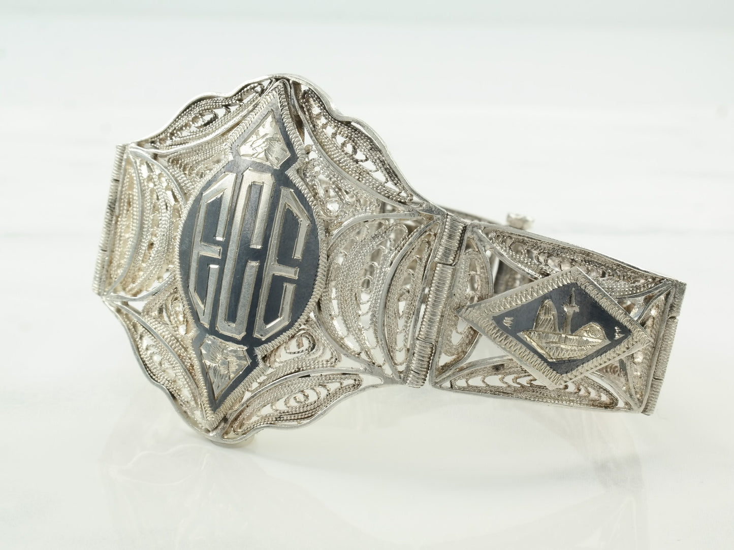 1943 Egyptian Sterling Silver Filigree Panel Bracelet Scenic