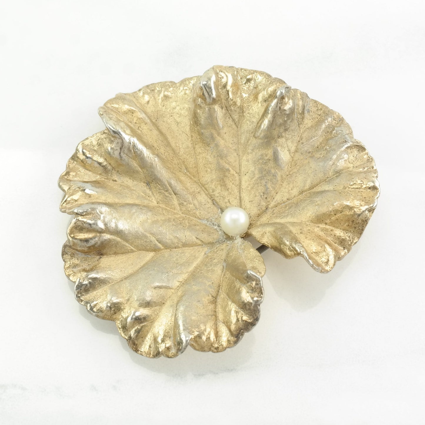 Napier Sterling Silver Brooch Gold Tone Leaf Pearl