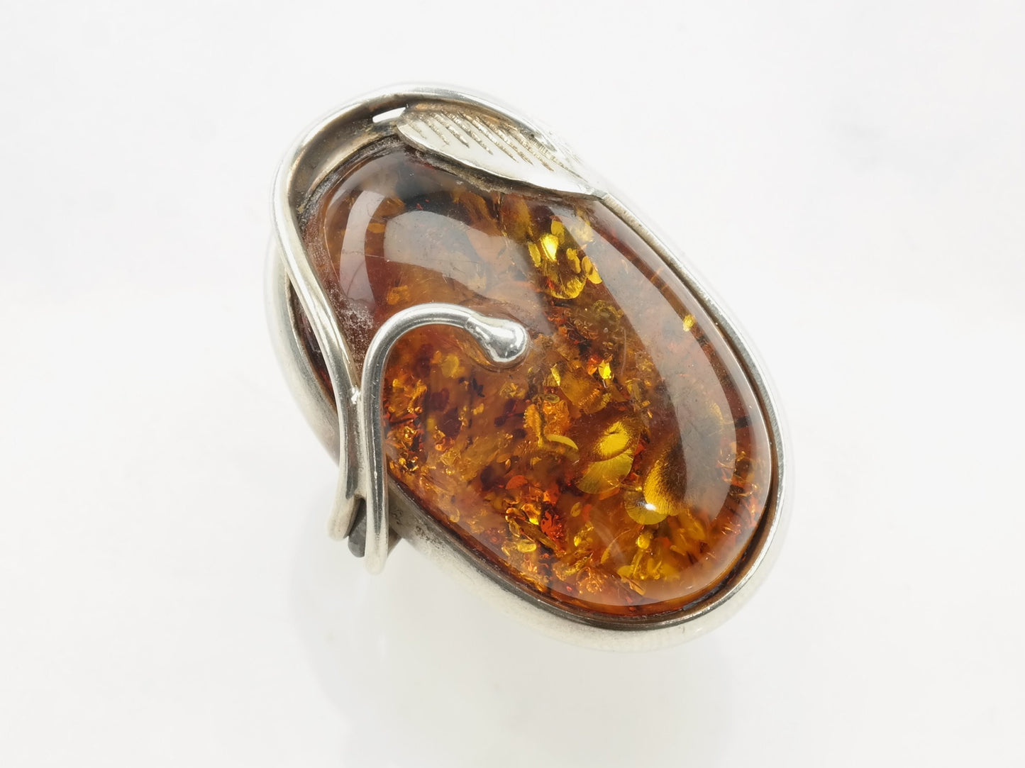 Vintage Sterling Silver Ring Amber Oval Leaf Size 7 3/4