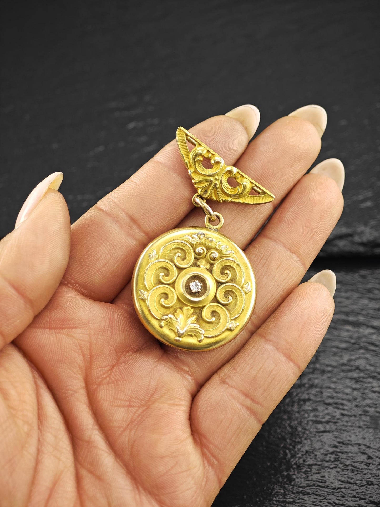 Art Nouveau Monogram Locket, Gold Diamond Brooch