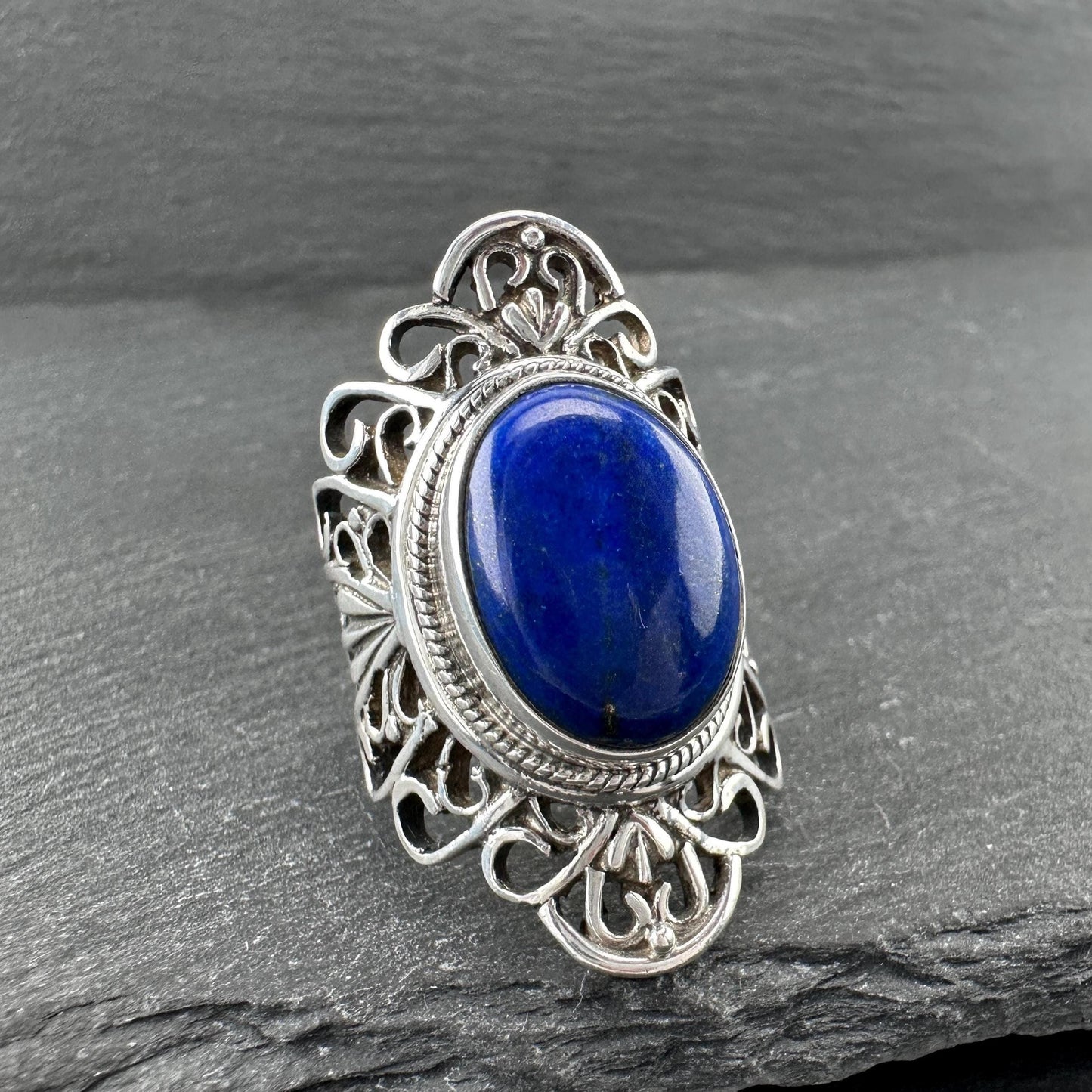 Vintage Lapis, Filigree Ring Sterling Silver